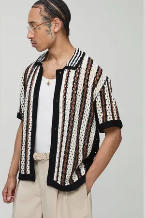 Boohoo Mens Oversized Boxy Open Knit Stripe Shirt