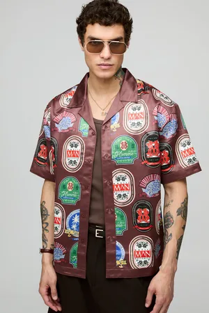 Boohoo Mens Oversized Short Sleeve Border Print Satin Shirt