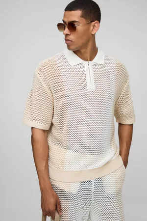 Boohoo Mens Boxy Fit Colour Block Open Stitch Zip Neck Knitted Polo