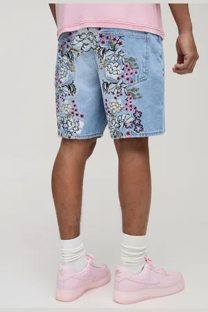 Boohoo Mens Relaxed Floral Embroidered Denim Shorts