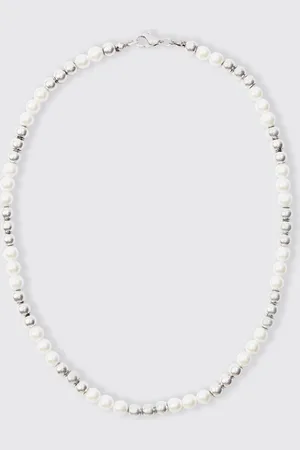Boohoo Mens Metal Bead And Pearl Necklace