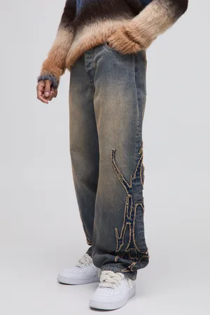 Boohoo Mens Relaxed Fit Stone Washed Tribal Applique Jeans