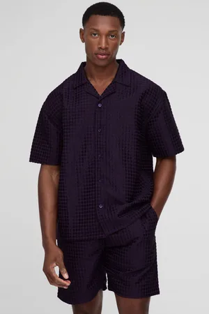 Boohoo Mens Oversized Waffle Texture Revere Shirt & Relaxed Short Set