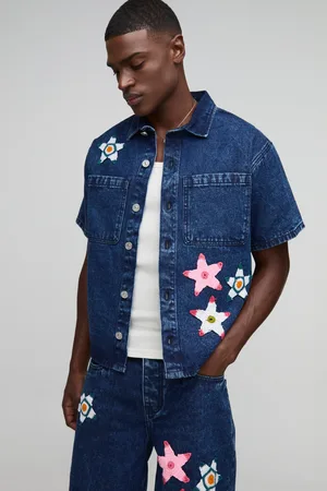 Boohoo Mens Boxy Revere Star Crochet Applique Denim Shirt