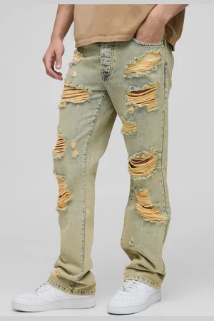 Boohoo Mens Slim Flared Knee Ripped Bleach Washed Jeans