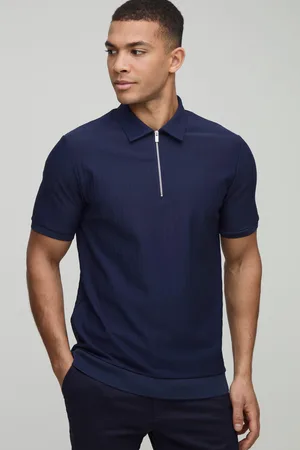 Boohoo Mens Slim Fit Zip Collar Textured Stripe Short Sleeve Polo