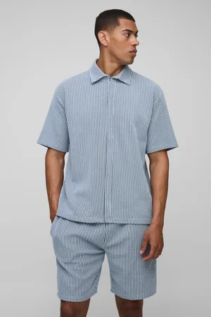 Boohoo Mens Oversized Two-Tone Ribbed Jersey Concealed Placket Shirt & Relaxed Short