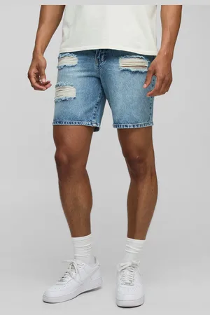 Boohoo Mens Slim Fit Ripped Washed Blue Denim Shorts