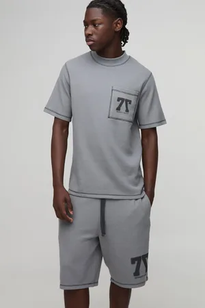 Boohoo Mens Regular Fit Waffle Printed T-Shirt And Short Set