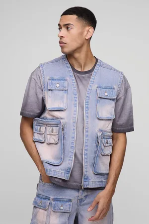 Boohoo Mens Boxy Utility Pink Washed Denim Vest