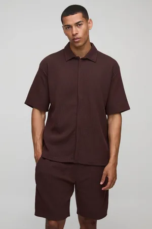 Boohoo Mens Oversized Two-Tone Ribbed Jersey Concealed Placket Shirt & Relaxed Short