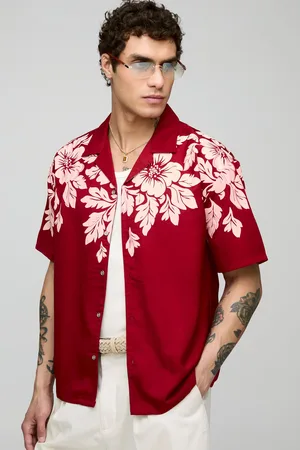 Boohoo Mens Oversized Floral Print and Embroidered Revere Soft Twill Shirt