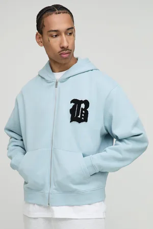Boohoo Mens Boxy Fit B Applique Zip Through Hoodie