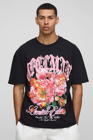 Boohoo Mens Oversized Washed Extended Neck Official Gothic Floral Printed T-Shirt