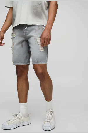 Boohoo Mens Relaxed Ripped Paint Splatter Rigid Denim Shorts In Grey