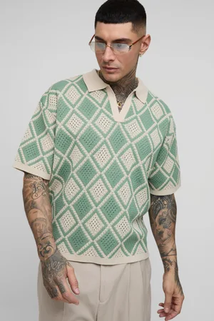 Boohoo Mens Tall Oversized Crochet Polo Shirt
