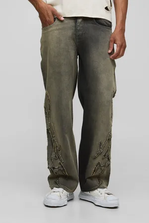 Boohoo Mens Relaxed Fit Washed Tribal Applique Jeans