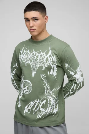 Boohoo Mens Regular Fit Extended Neck Long Sleeve Large Scale Gothic Print T-shirt