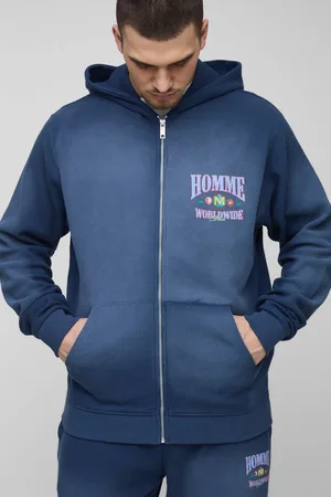 Boohoo Mens Tall Spray Wash Waffle Graphic Zip Up Hoodie