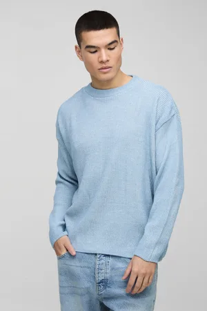 Boohoo Mens Boxy Crew Neck Dropped Shoulder Plated Ribbed Knit Jumper