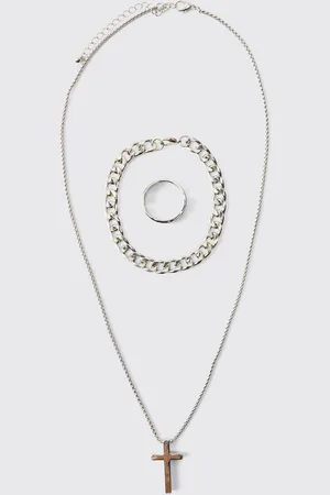 Boohoo Mens Cross Necklace, Ring And Bracelet Set In