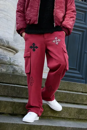 Boohoo Mens Twill Fixed Waist Relaxed Cross Applique Cargo Trousers