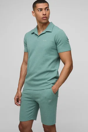 Boohoo Mens Slim Fit Man Waffle Revere Polo & Short Set