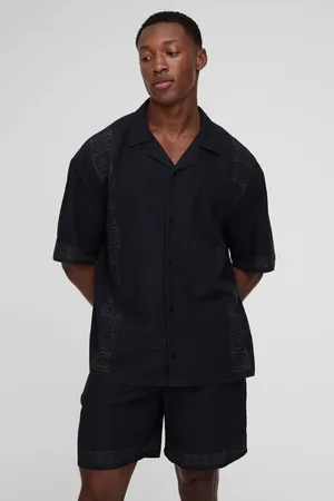 Boohoo Mens Oversized Linen Look Border Print Shirt & Short Set