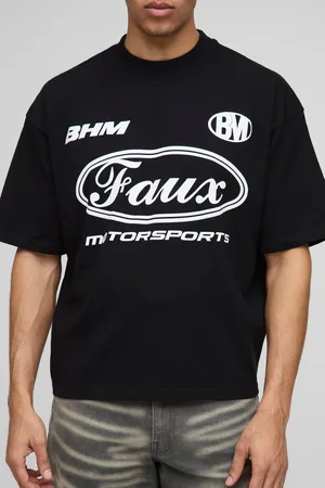 Boohoo Mens Regular Fit Oversized Boxy Extended Neck Moto Faux Graphic T-Shirt