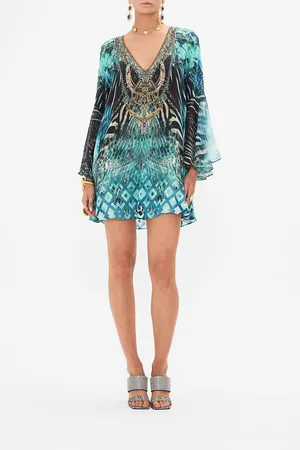 Camilla V-Neck Flared Sleeve Mini Dress Azure Allure, L
