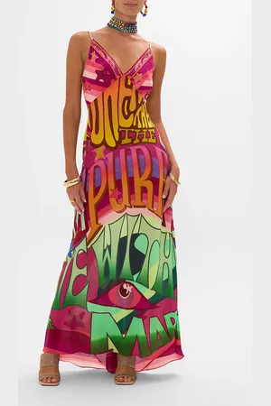 Camilla V Neck Long Bias Slip Dress with Train Pure Prism, L