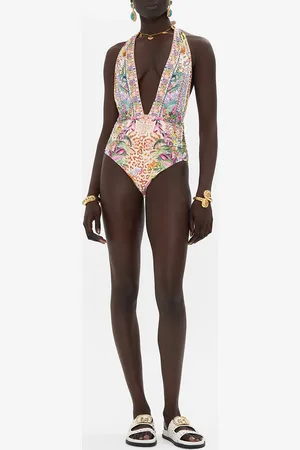 Camilla Plunge Neck Halter One Piece Flowers of Neptune, L