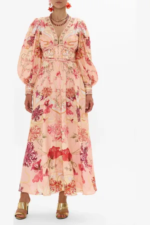 Camilla Shaped Waistband Dress with Gathered Sleeves Blossoms and Brushstrokes, XXL