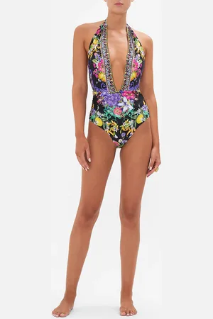 Camilla Plunge Neck Halter One Piece Meet Me in Marchesa, XL