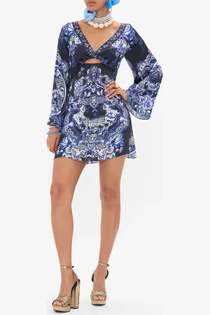 Camilla Long Sleeve Twist Front Short Dress Delft Dynasty, L