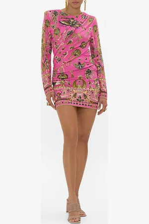 Camilla Asymmetrical Draped Long Sleeve Short Dress Song of the Scarab, L