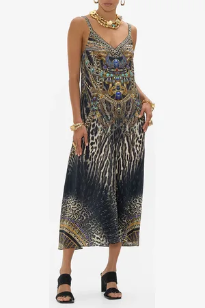 Camilla V Neck Midi Slip Dress Cat Worship, XXL