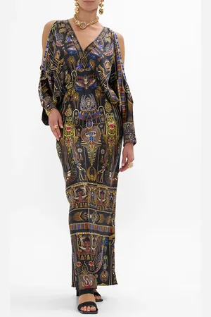 Camilla Plunge Neck Draped Shoulder Dress Cartouche Kingdom, S