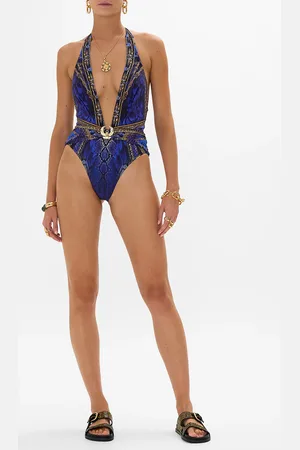 Camilla Plunge Front Halter One Piece with Trim Other Side of the Oasis, L