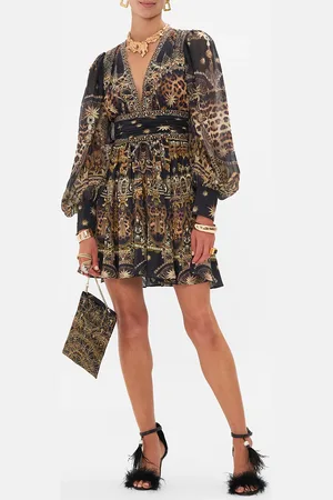 Camilla Short Dress with Ruched Waistband Masked at Moonlight, M