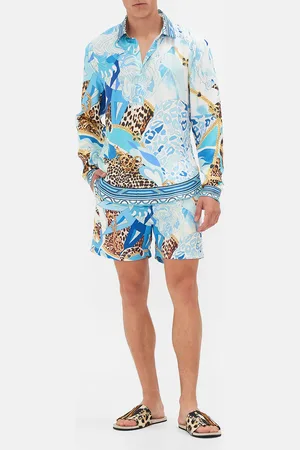 Camilla Collared Long Sleeve Shirt Sky Cheetah, L