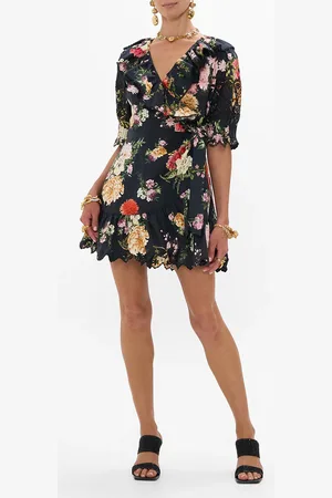 Camilla Mini Wrap Dress with Puff Sleeve Adorned in Alexandria, L