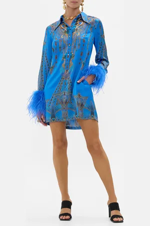 Camilla Mini Shirt Dress with Feather Cuff Archival Revival, S