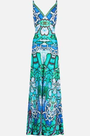 Camilla V Neck Long Bias Slip Dress with Train Land of Wonder, XS