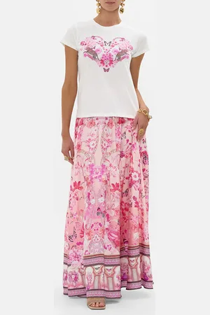 Camilla Slim Fit Round Neck T-Shirt - White/ Pink Botanical Novella, S