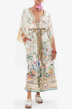 Camilla Short Sleeve Wrap Layer with Macrame Fringe Plumes and Parterres, XL
