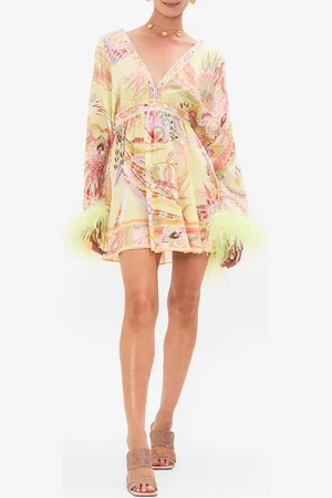 Camilla Gathered Kimono Mini Dress with Feathers Cosmic Tuscan, M