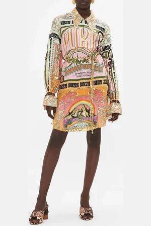 Camilla Retro Collar Shirt Dress Lets Chase Rainbows, L
