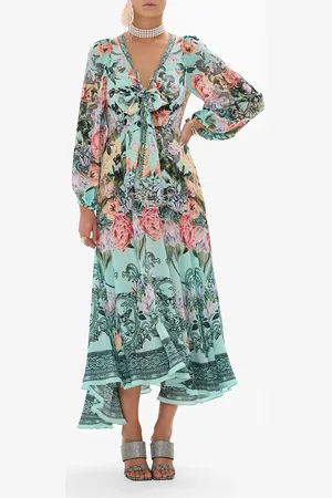 Camilla Wrap Tie Dress with Blouson Sleeve Petal Promise Land, L