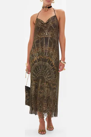 Camilla Crystal Bias Halter Dress Masked at Moonlight, XS